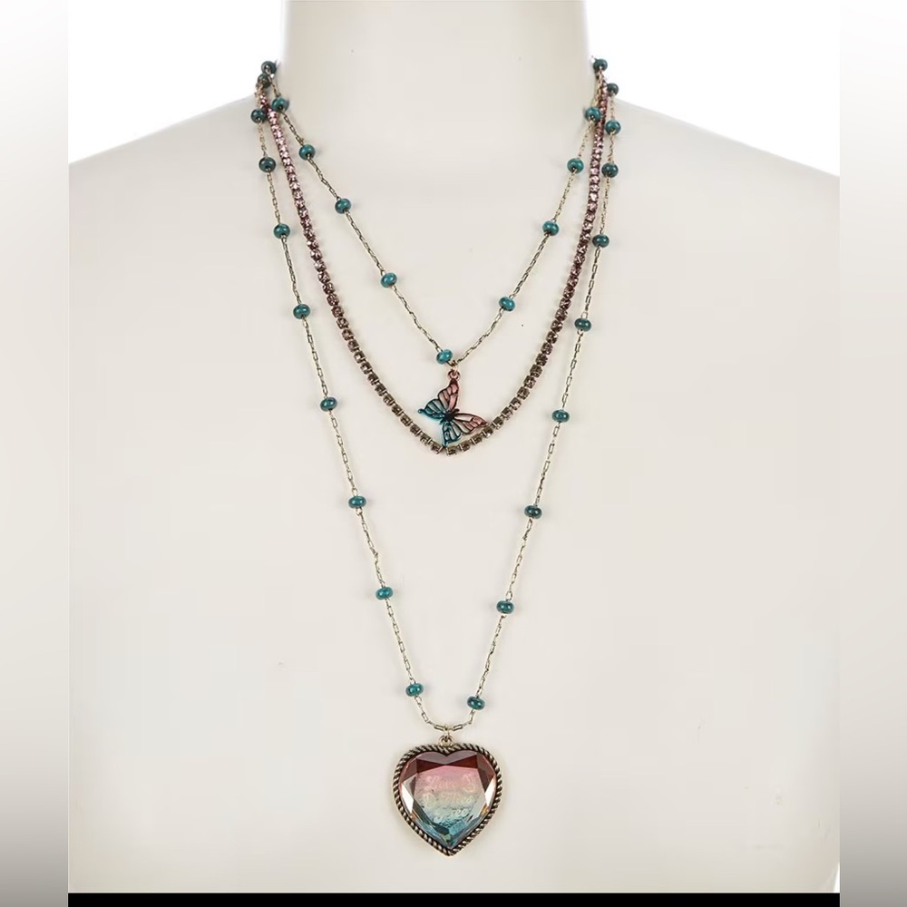 Betsey Johnson  Boho Butterfly & Heart Long Multi-Strand Necklace